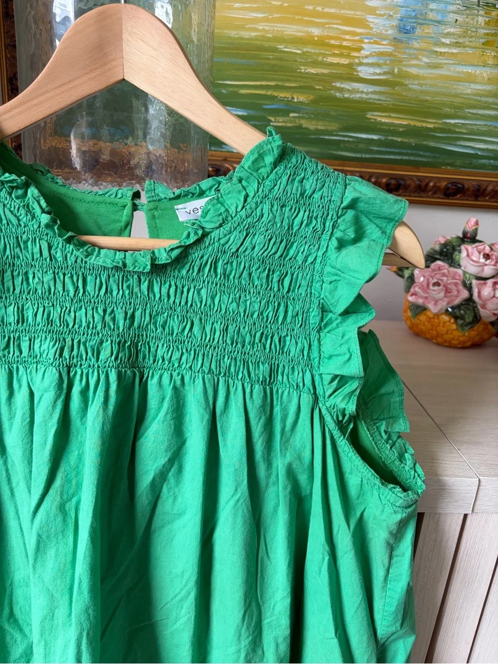 vestique Preppy Green Smocked Ruffle Neck Sundress-00A - Picture 4 of 6